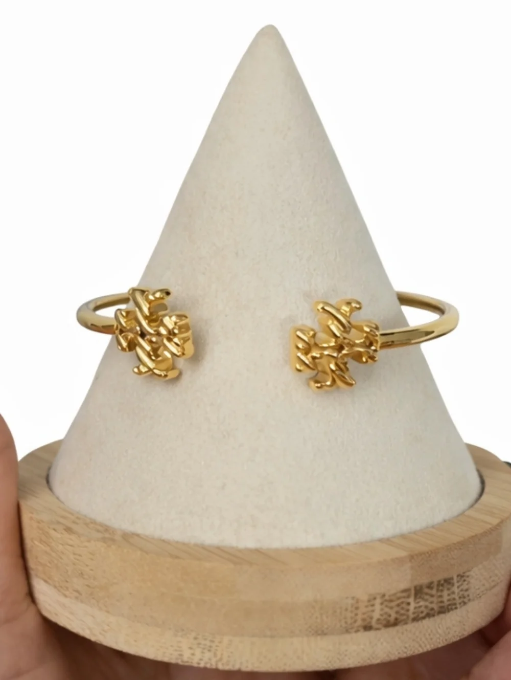 Tory Burch Gold Open Cuff Bracelet with Logo Ends
